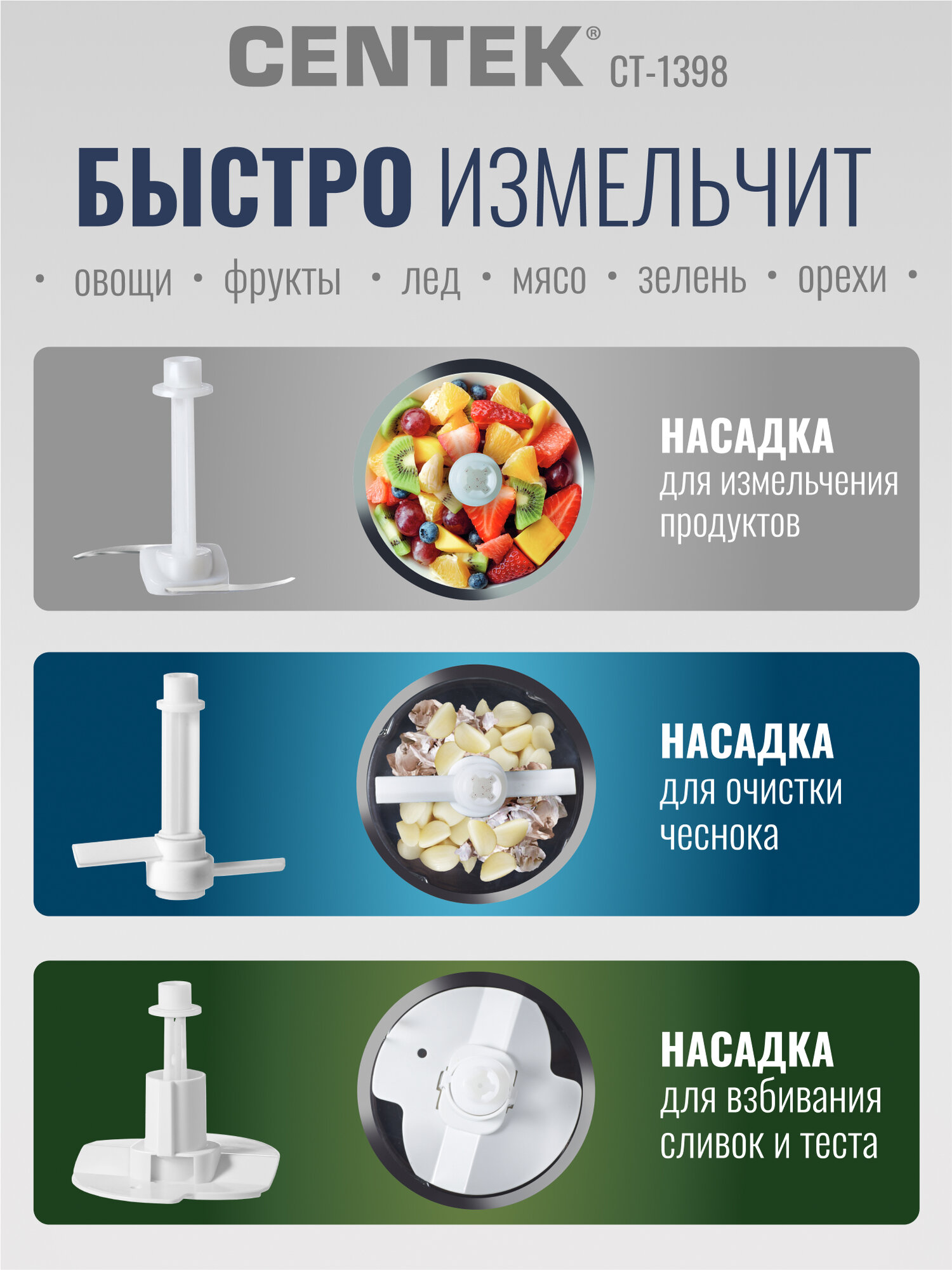 Чоппер измельчитель кухонный электрический CENTEK CT-1398: 400Вт, 2 скорости, чаша 800 мл, 3 насадки/режима — фото 1