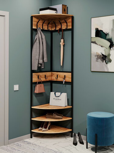 Изображение товара Я02-02.1-01 Вешалка напольная угловая Лофт 200.5х49.7х49.7 см, Цвет Дуб Вотан, металлокаркас черный