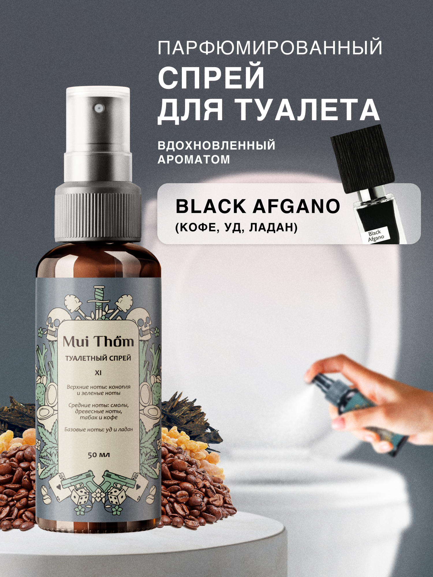 Освежитель воздуха №11 Black Afgano, спрей ароматизатор для туалета парфюмированный, Mui Thom, 50 мл.