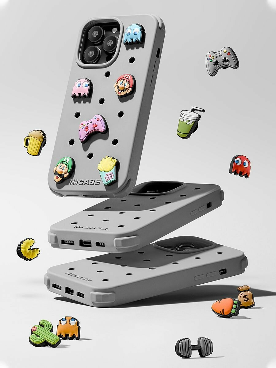 Чехол на iPhone 14 Pro с принтом для jibbitz/джибитс crocs серый — фото 1