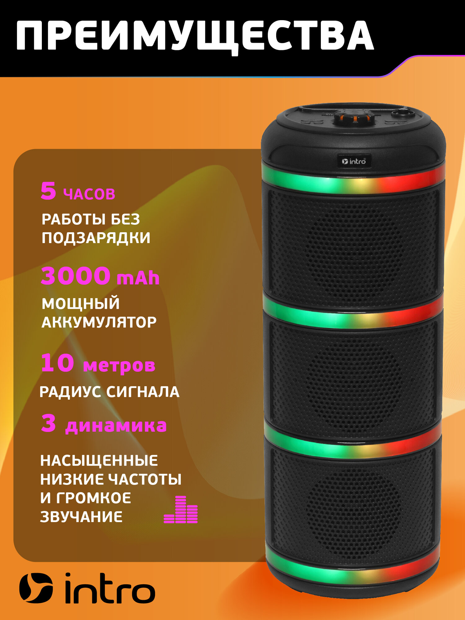 Колонка блютуз беспроводная Intro WZ950 музыкальная большая с микрофоном и радио, Bluetooth 5.1, microSD, hands free — фото 1