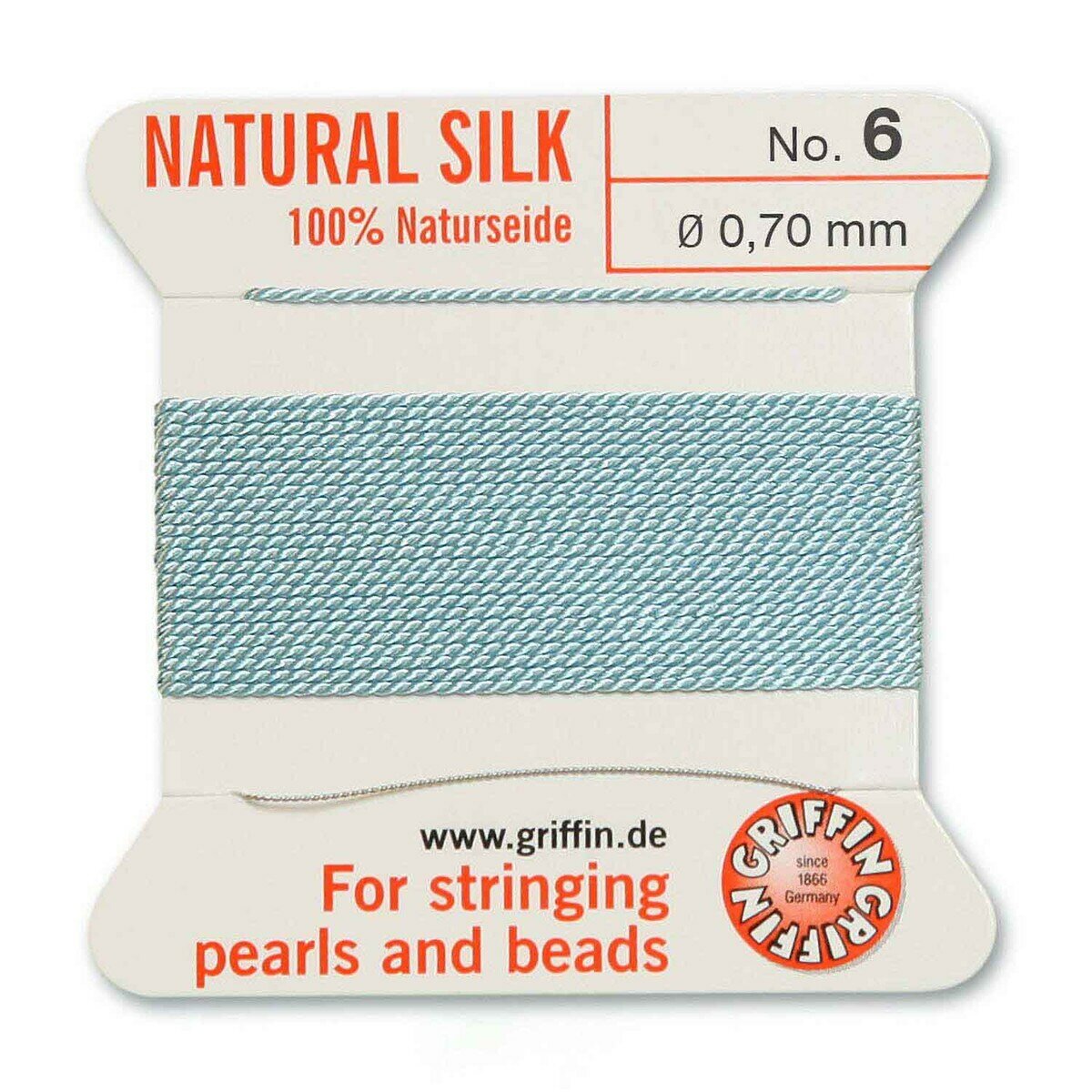 Нить шелковая, Griffin No.6 (0.7мм), бирюзово-голубая, с иглой, моток, 2 метра