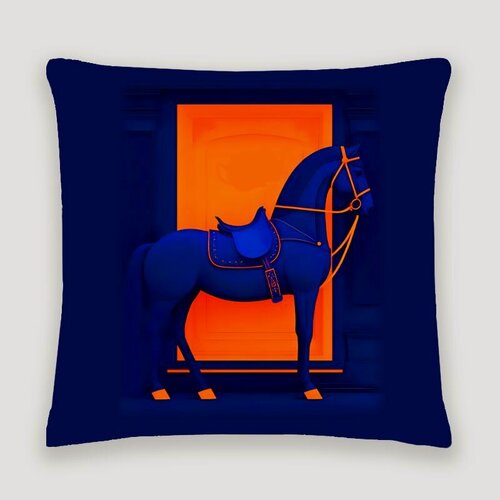 Изображение товара Чехол для подушки Синий конь, оранжевый квадрат 40х40 велюр