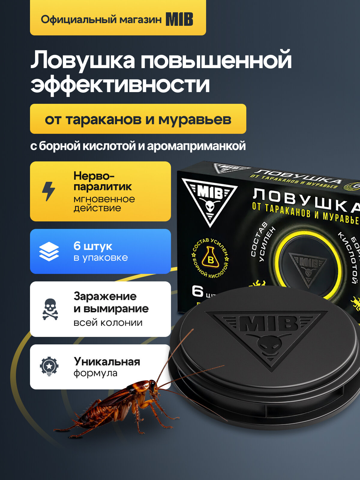 Средство от тараканов и муравьев повышенной эффективности MIB Rash ловушка клеевая с борной кислотой 6 шт