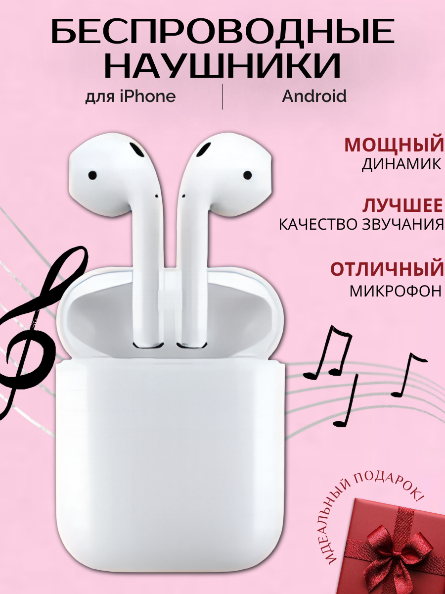 Наушники беспроводные для iPhone и Android, с микрофоном, Bluetooth, белые