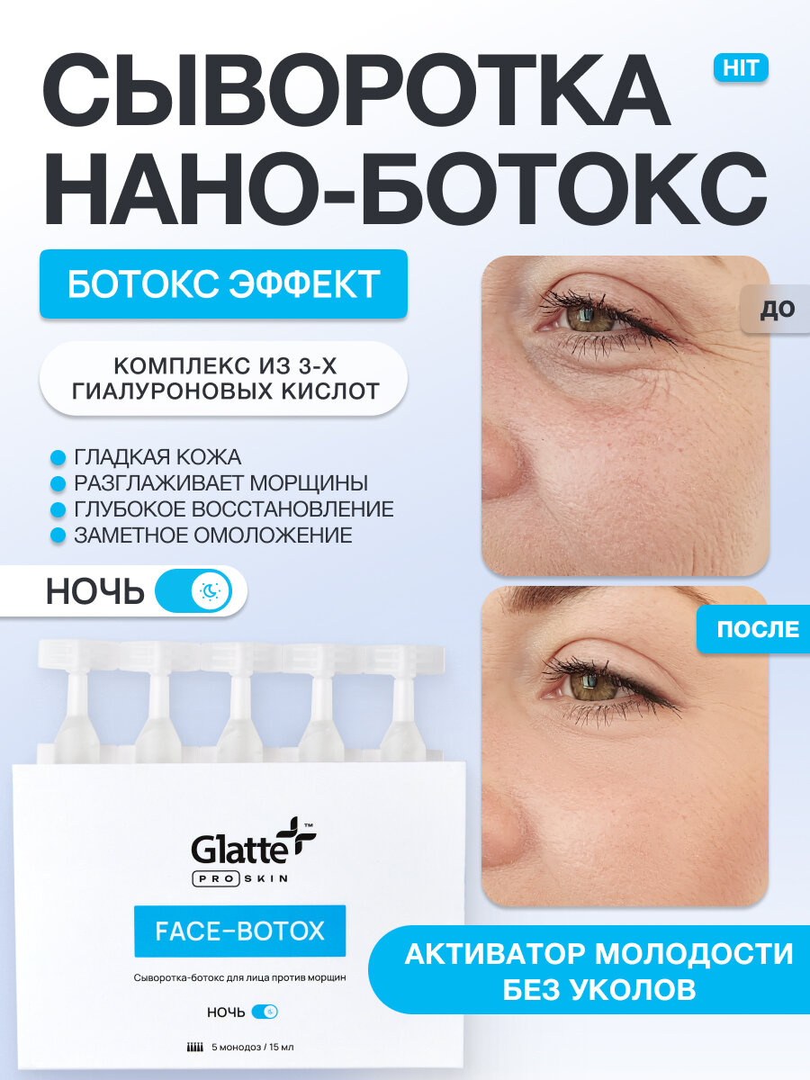 Сыворотка для лица Glatte антивозрастная ночная oт морщин, ботокс эффект, 15 мл