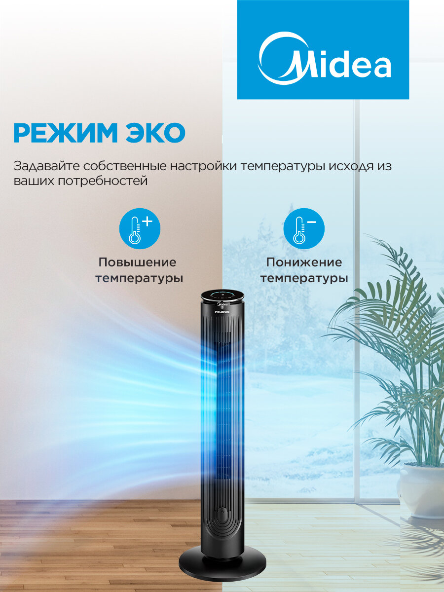 Вентилятор колонный Midea FT4040, 5 скоростей, поворот 65 градусов, сенсорное управление, пульт ДУ, таймер, LED дисплей — фото 1
