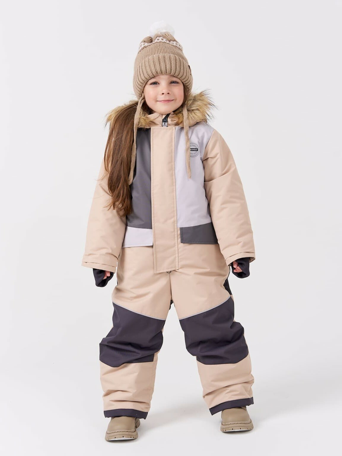 Комбинезон утеплённый BUNGLY Зима, размер 128, , серый, коричневый, бежевый