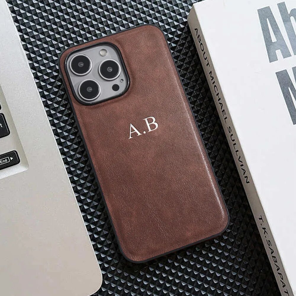 Кожаный персонализированный чехол с именем инициалами для iPhone 17 Air 16 15 14 13 12 11 Pro Max Plus чехол с гравировкой «сделай сам» Brown-Silver Для iPhone 13 Pro Max
