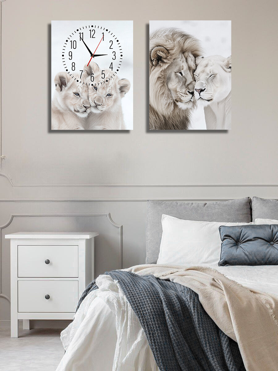 Картины - часы настенные на холсте LOFTime 2 шт Лев львица беж Ч-640-3040