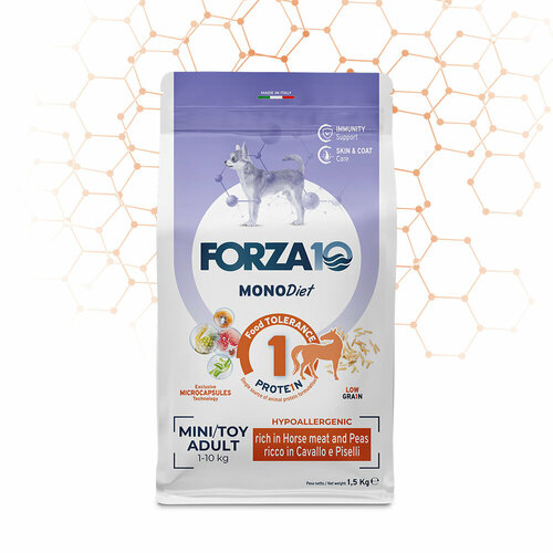 Корм сухой FORZA10 DOG MINI DIET монобелковый для взрослых собак маленьких пород при аллергии с кониной и горохом (1,5 кг)