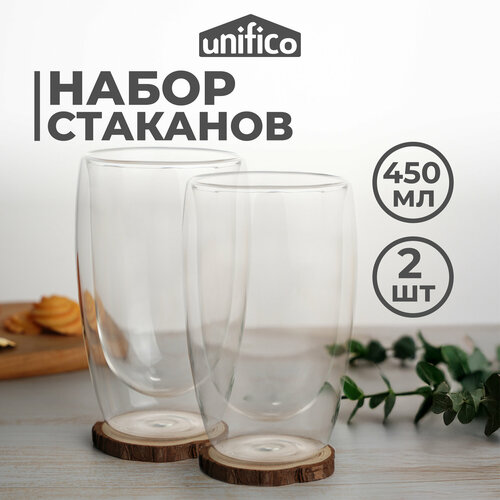 Набор стаканов с двойными стенками 2шт. 450 мл из боросиликатного стекла Unifico