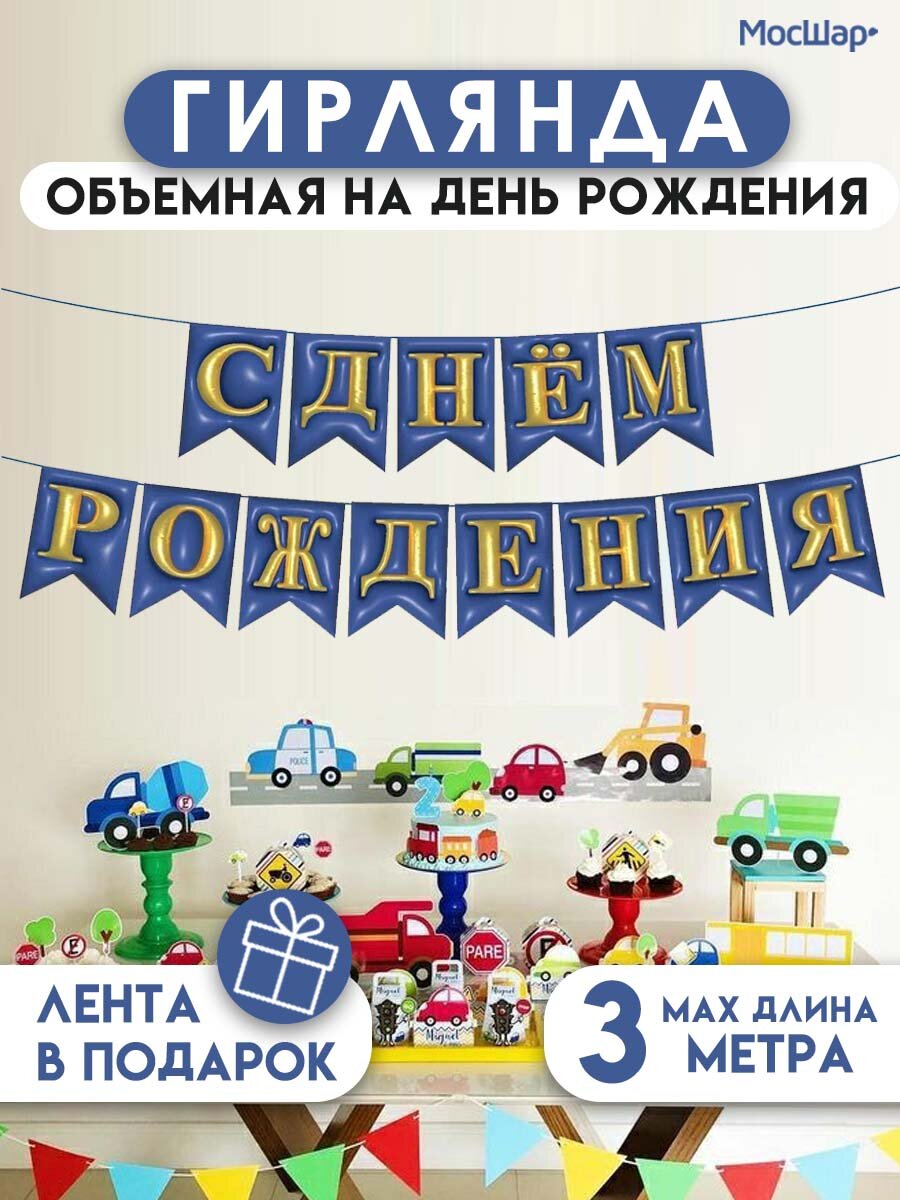 Гирлянда-растяжка бумажная объемная "С днем рождения" синяя, 3 м