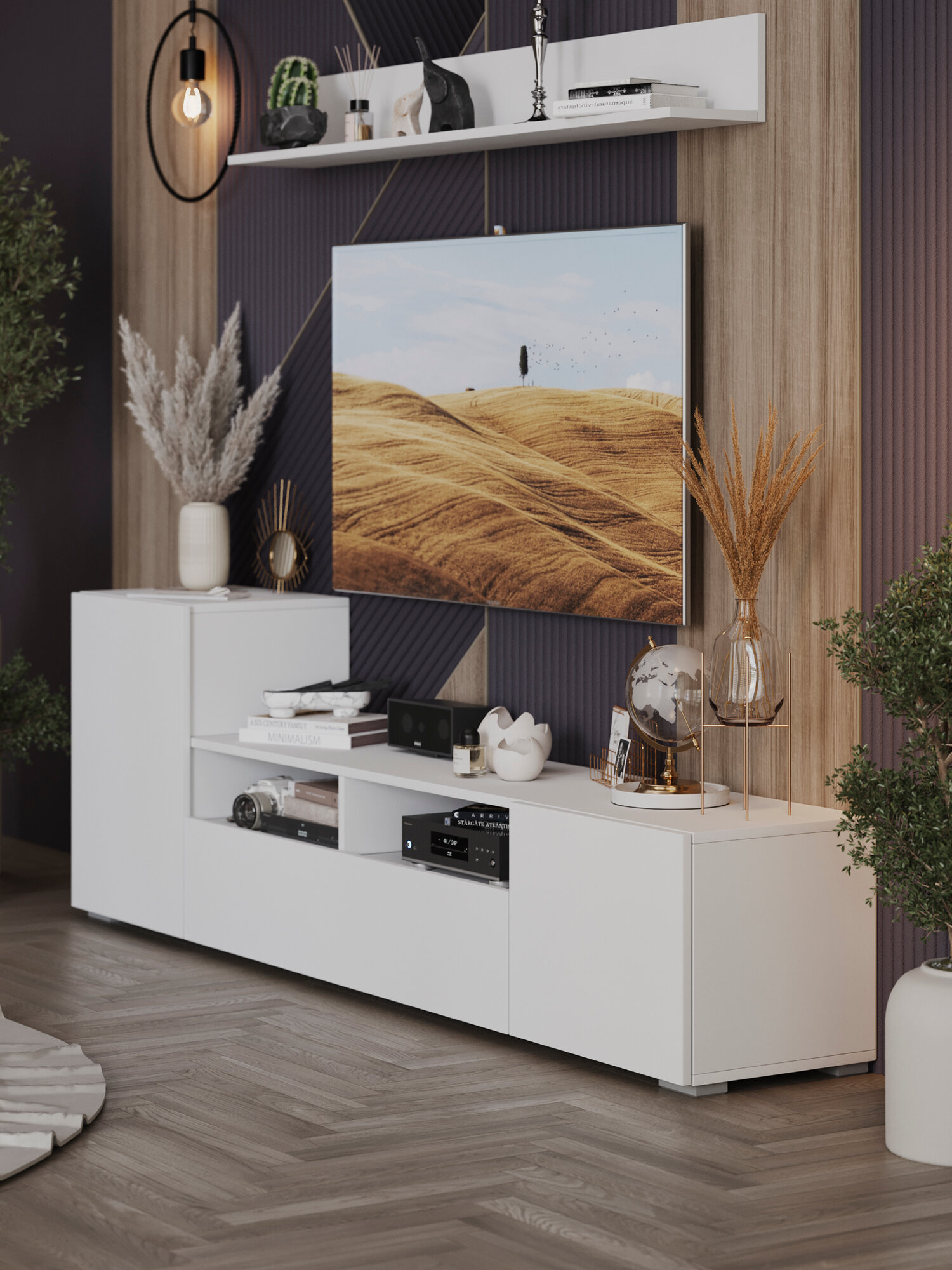 Гостиная Мебель Трия "Сильвия", тумба под ТВ с полками, белая, ЛДСП — фото 1