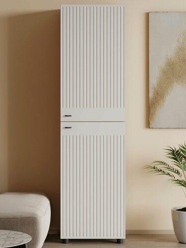 Изображение товара Распашной шкаф-пенал для одежды и хранения вещей Ларенс с полками, 50х41.6х191.4 см, Дуб золотой / Белый матовый