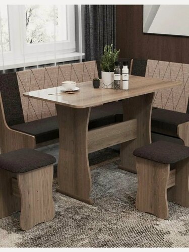 Изображение товара Кухонный диван, уголок Гамма со столом, с табуретами, Дуб Сонома трюфель / Коричневый, ткань / Бежевый, ткань