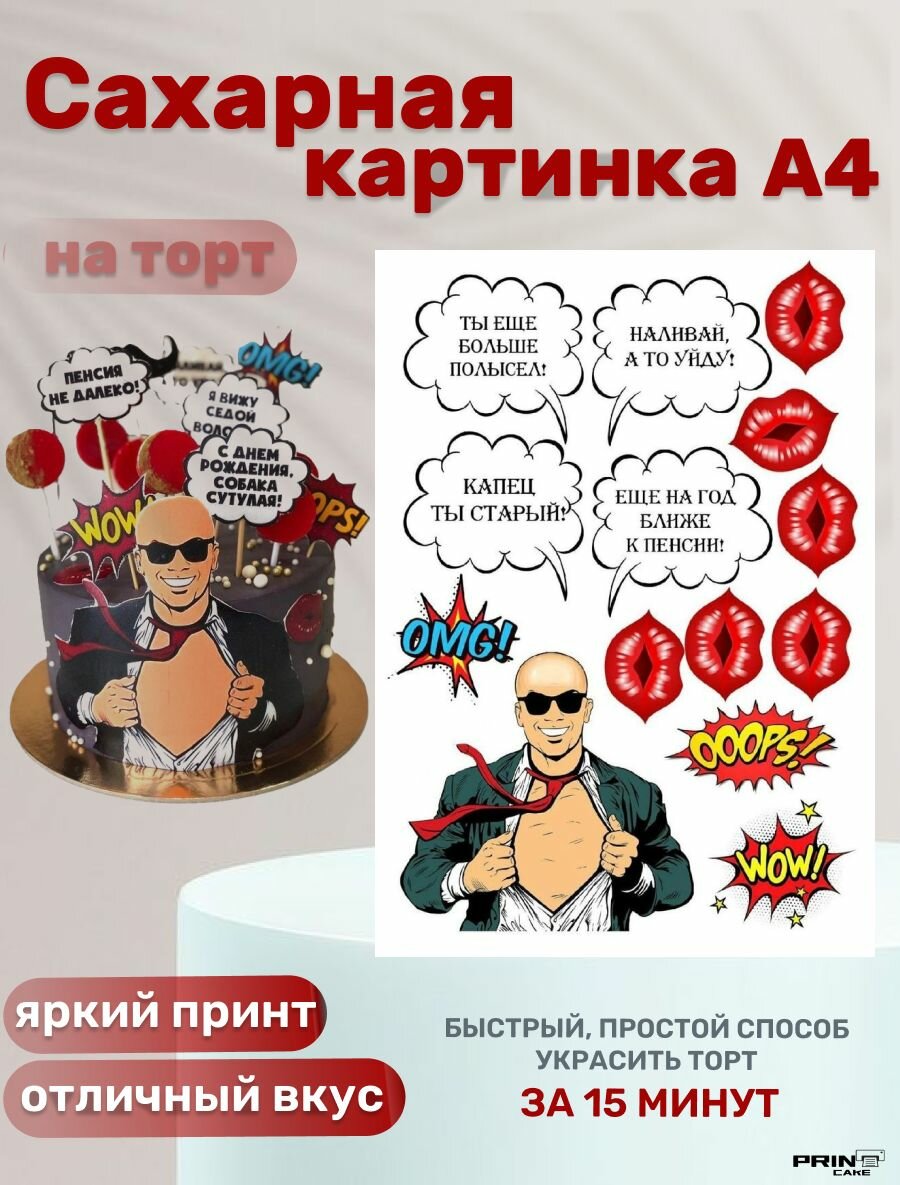 Сахарная картинка для торта на день рождения мужчине. Декор для выпечки, украшения для торта.