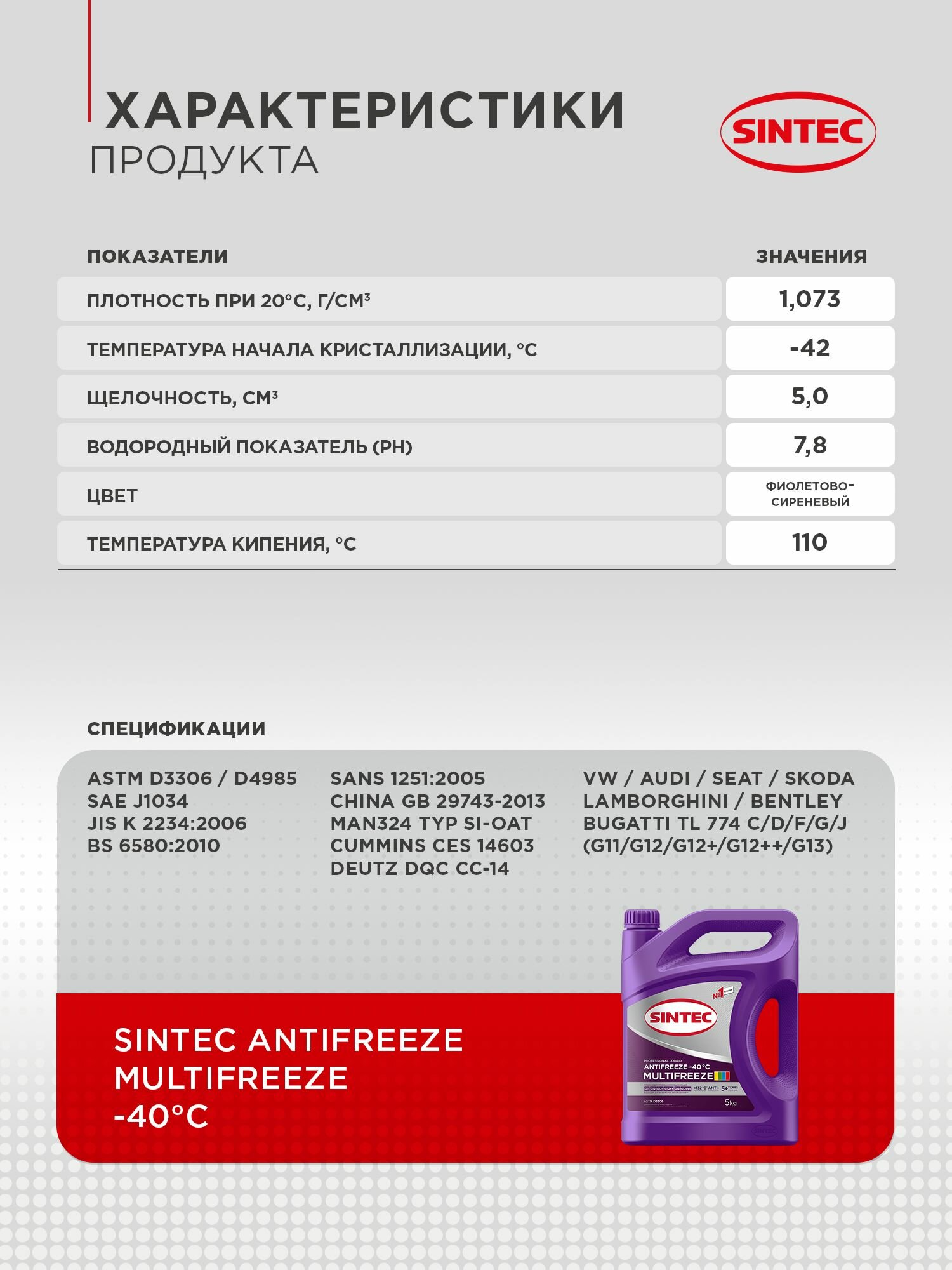 SINTEC MULTIFREEZE -40 универсальный лобридный антифриз 5кг для двигателя автомобиля, охлаждающая жидкость синтек в авто, фиолетовый, готовый к применению — фото 1