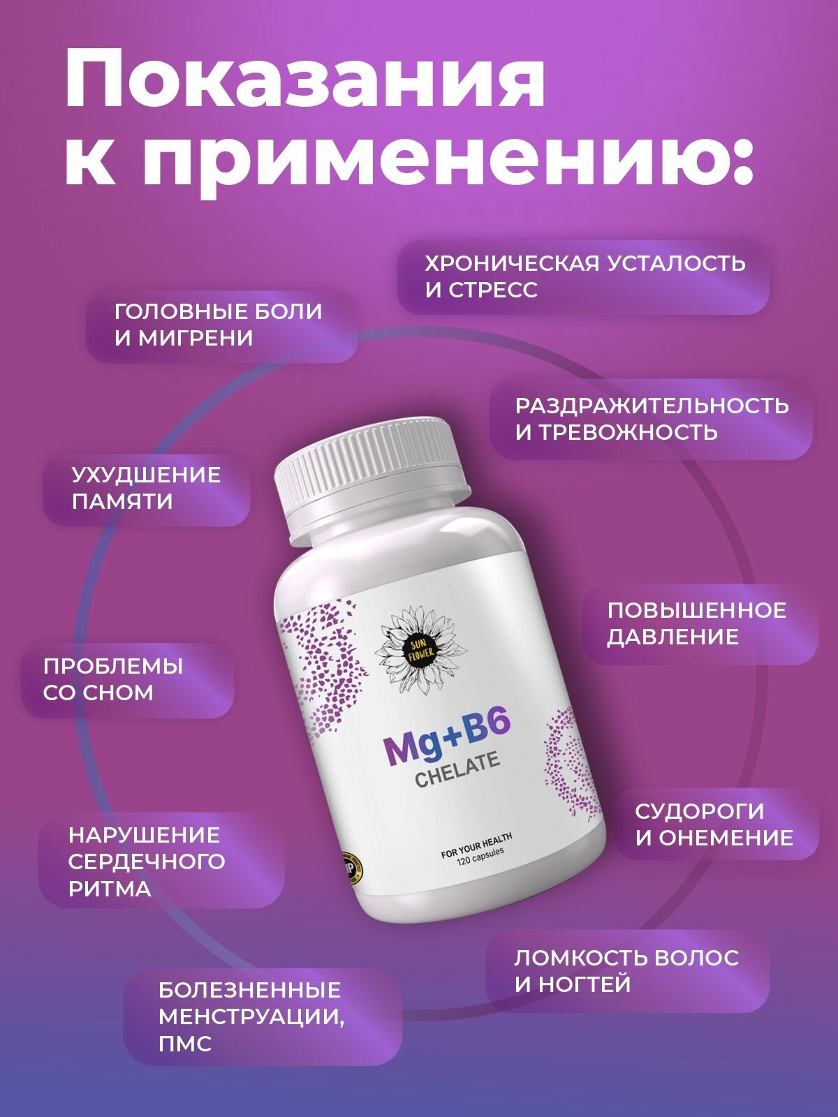 Картинки Магний хелат бисглицинат и витамин В6, комплекс magnesium + b6 400 мг для нервной системы от стресса и усталости, 120 капсул.