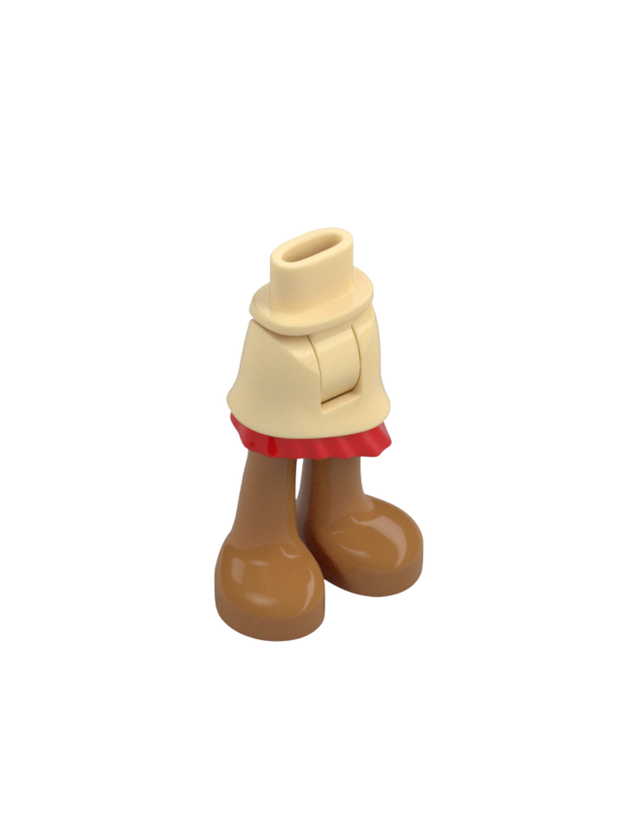 Деталь Lego Mini Doll Hips and Asymmetric Layered Skirt, Red Ruffle, Medium Nougat Legs and Feet Pattern - Thick Hinge (20377c00pb06)