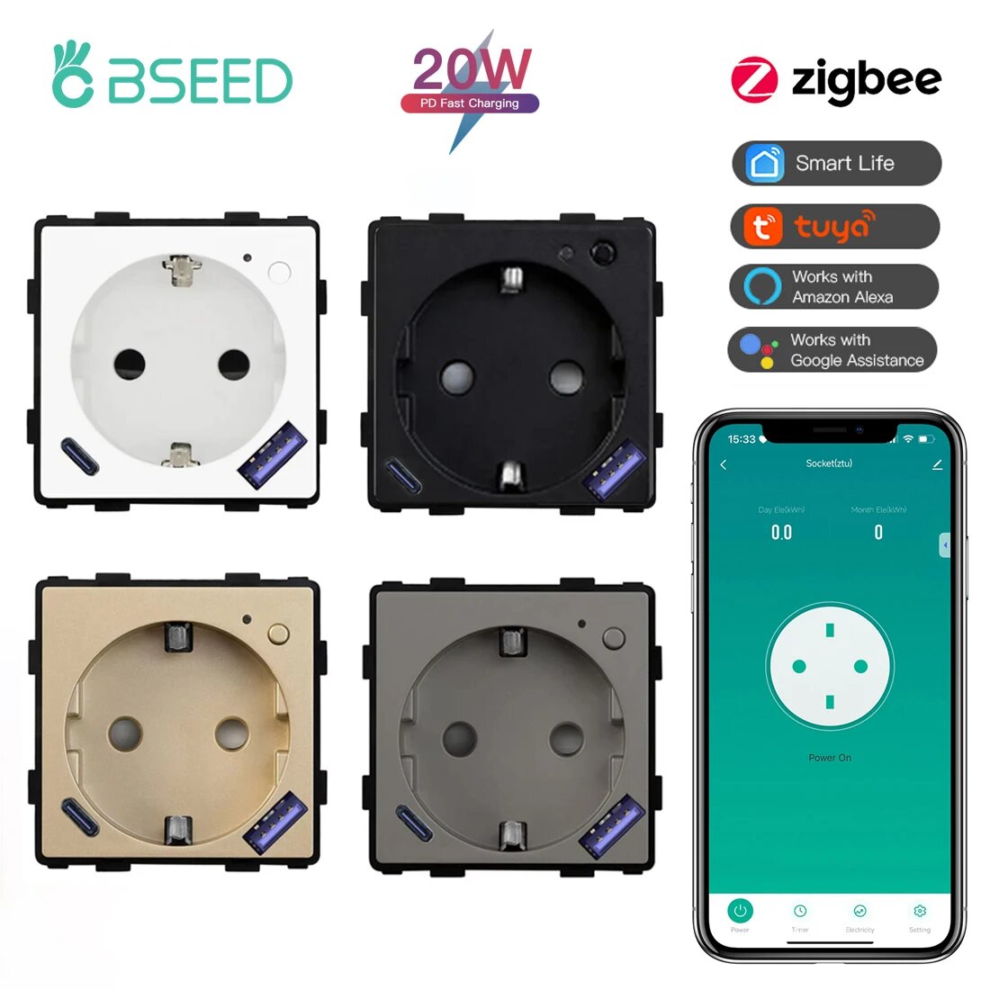 Умная розетка BSEED Zigbee с USB Type-C 20Вт — фото 1