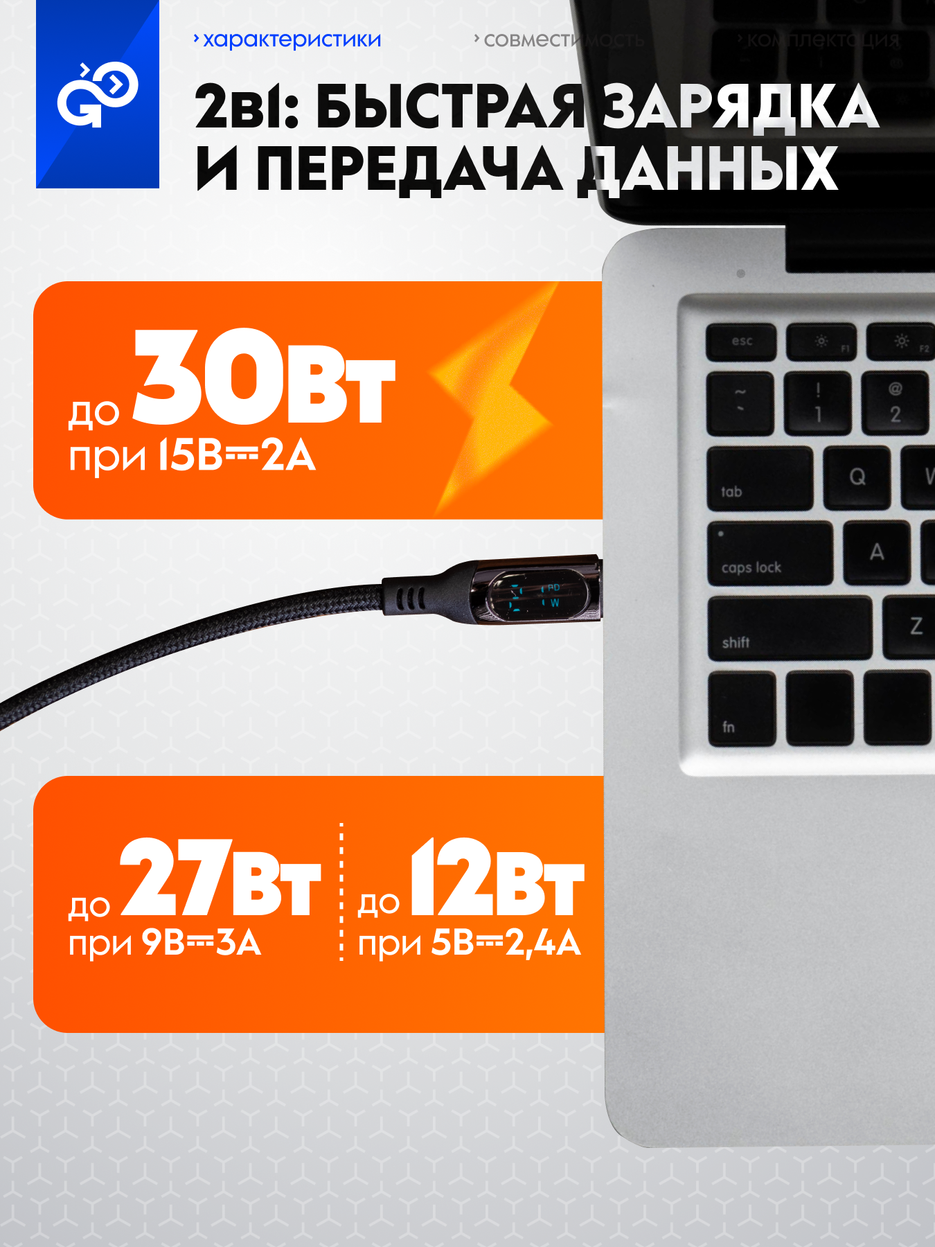 Кабель для Айфона c дисплеем GoGadget PowerPipe CB001 Type-C / Lightning 1,2 м — фото 1