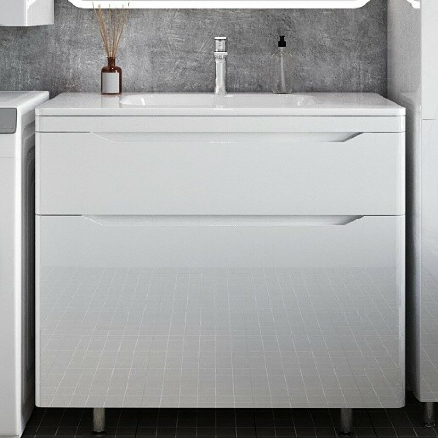 Тумба с раковиной Марелла 90 Люкс Plus напольная антискрейтч белый глянец