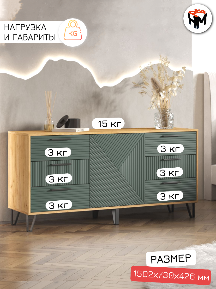 Комод для одежды Флэш, 6 ящиков, 150,2x73х42 см, дуб крафт/Браш мени грин — фото 1