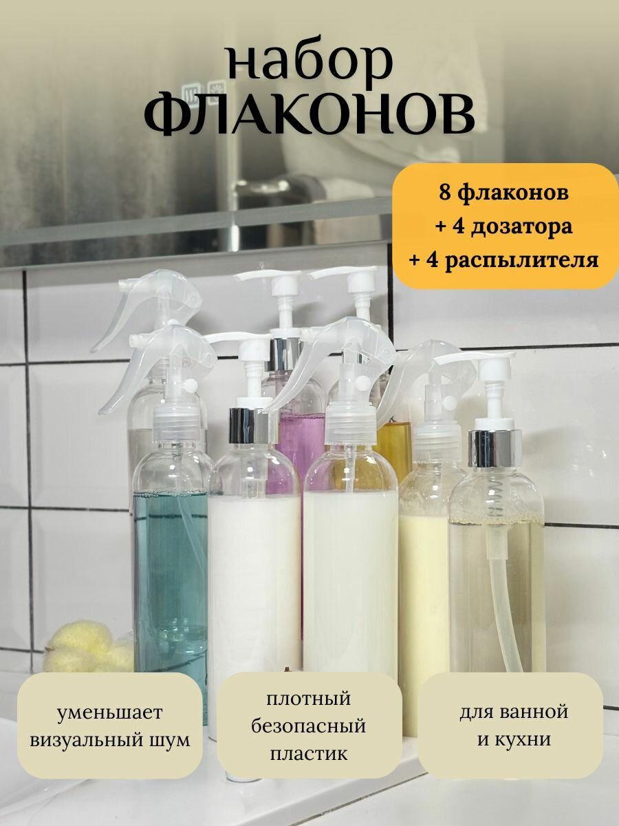 Набор флаконов для дома с дозатором и распылителем, 8 предметов