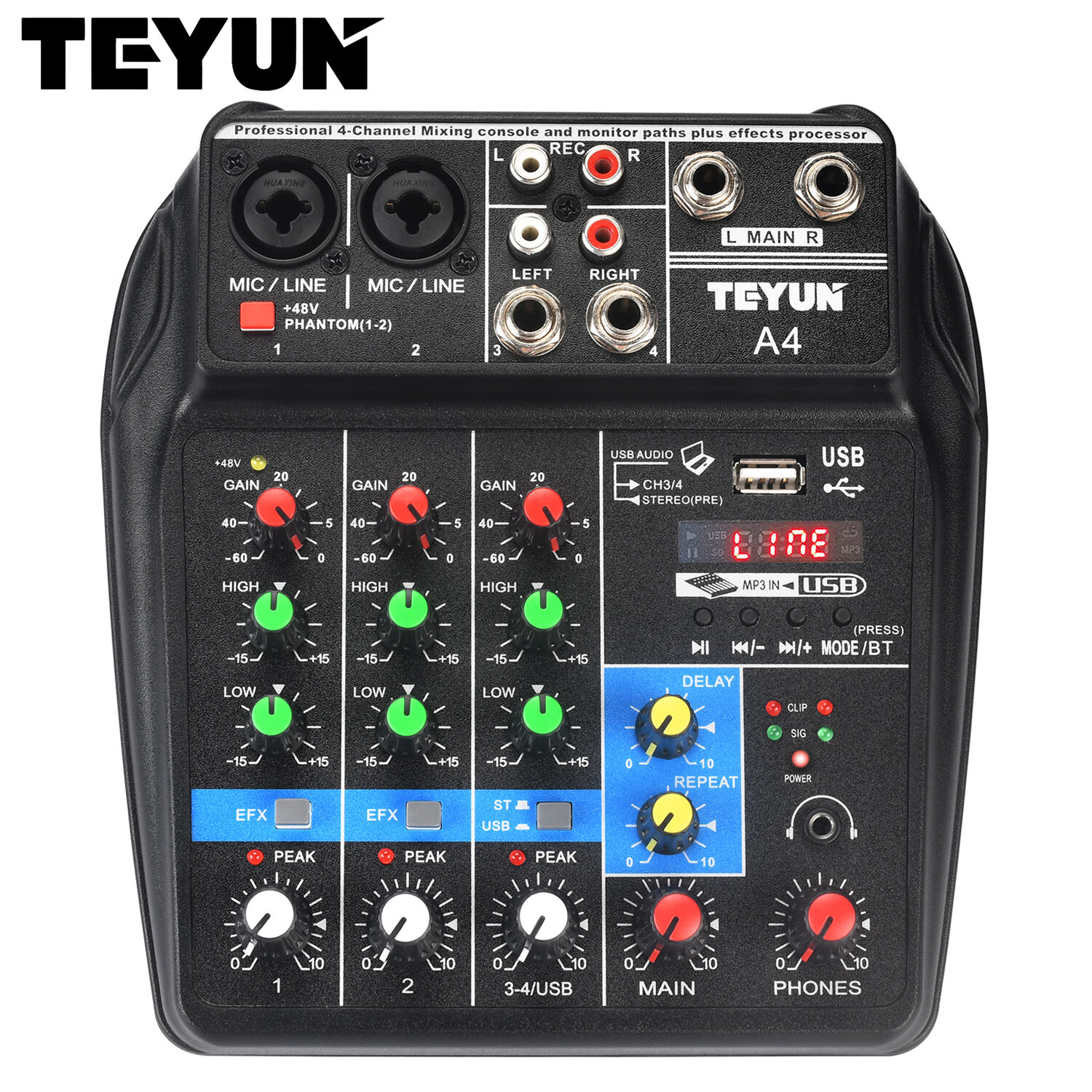 4-канальный мини-микшерный пульт с эффектами 48 В Bluetooth USB для воспроизведения музыки и записи звука A4