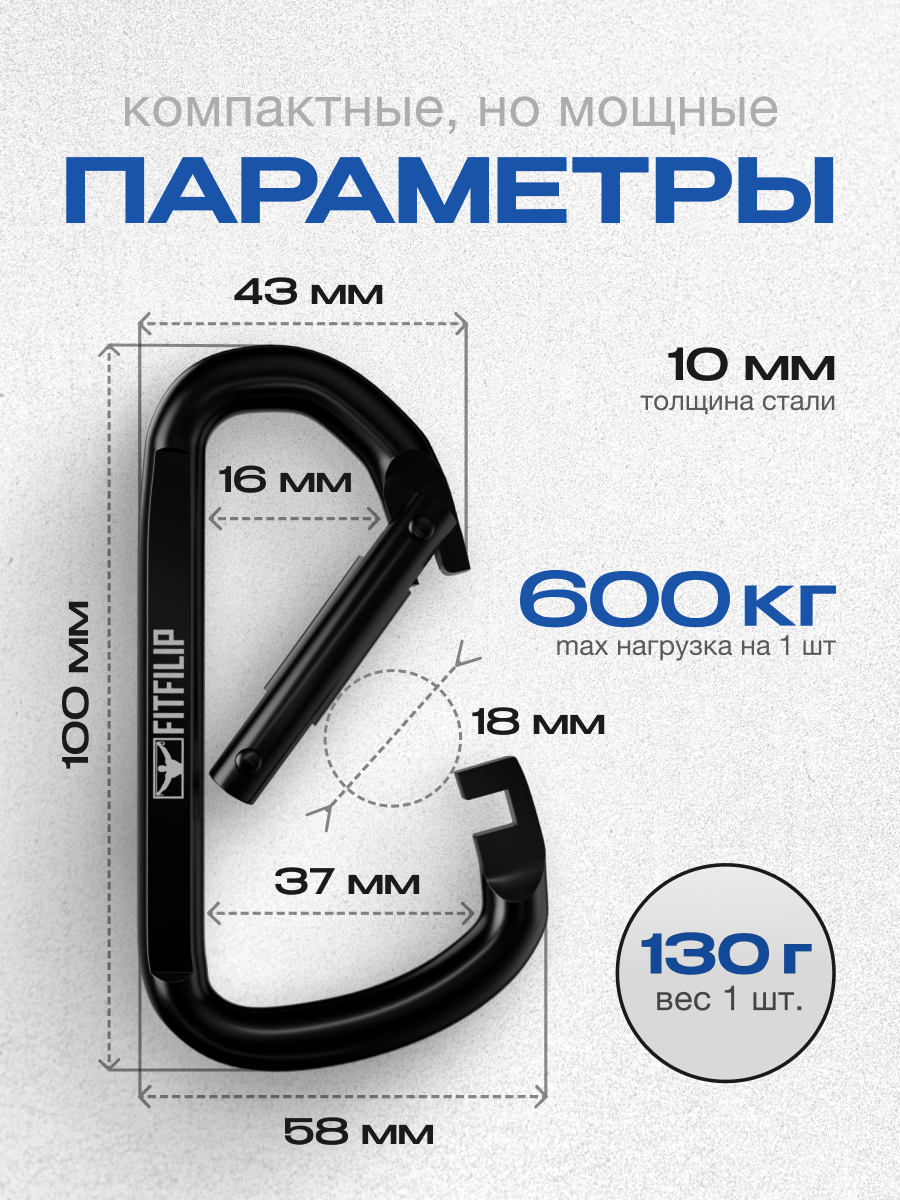Карабин FITFILIP D-образный, зубчатый замок, сталь, черный, 10х58х130 мм — фото 1