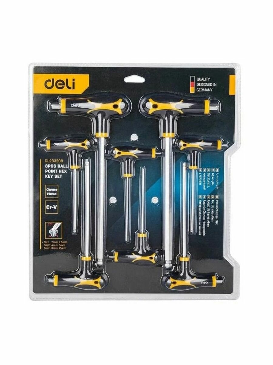 Набор шестигранных ключей DELI DL233208 с шаром, с рукоятью, 8 шт (размеры 2x75, 2.5x75, 3x100, 4x100, 5x150, 6x150, 8x200, 10x200мм)