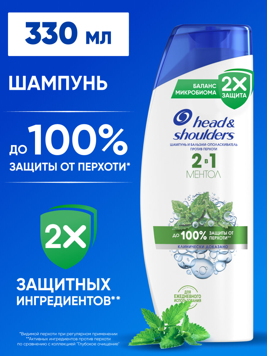 HEAD & SHOULDERS Шампунь и бальзам - ополаскиватель для волос от перхоти мужской женский 2в1 Ментол 330мл