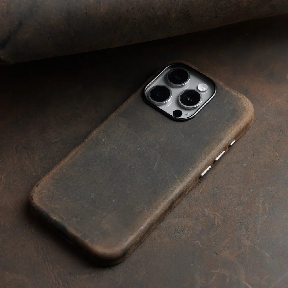 Итальянский чехол Crazy Horse из натуральной кожи YMW для iPhone 17 16 Pro Max 15 14, индивидуальный магнитный чехол для телефона из воловьей кожи, Ferruginous brown, or iPhone 15 Pro