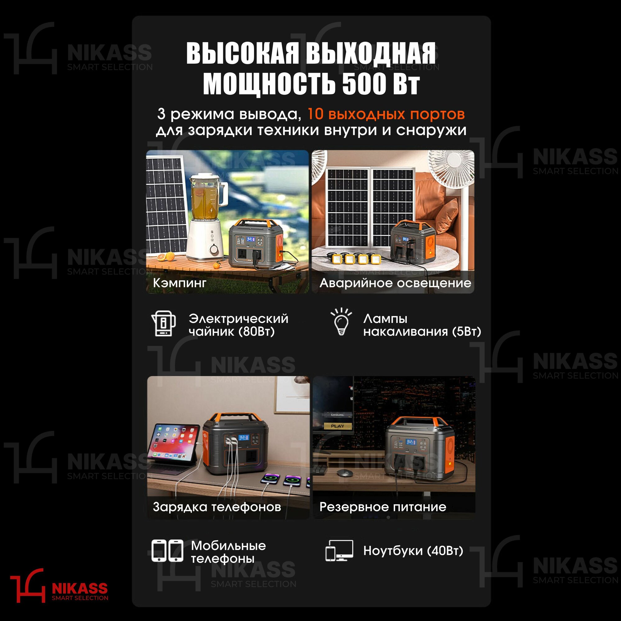 Портативная зарядная станция 500 Вт 160000 mAh NIKASS с розеткой — фото 1