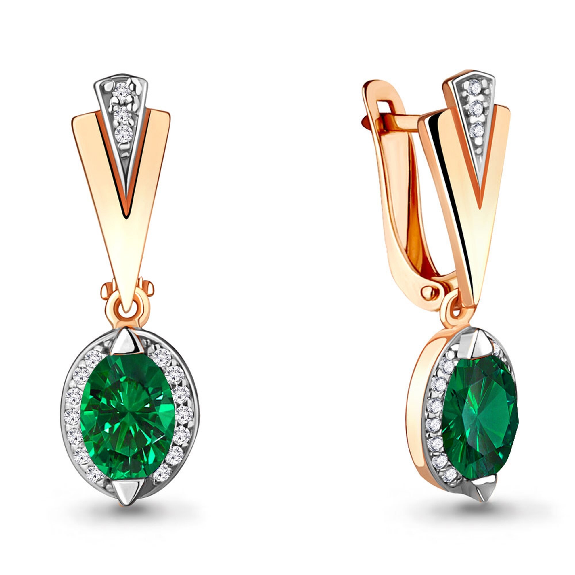Серьги Diamant online, серебро, 925 проба, золочение, изумруд синтетический, фианит, длина 2.4 см, , зеленый