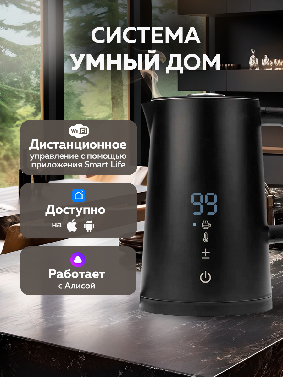 Изображение Умный электрический чайник Halsa, нержавеющая сталь, 1,7л, с Wi-Fi, черный