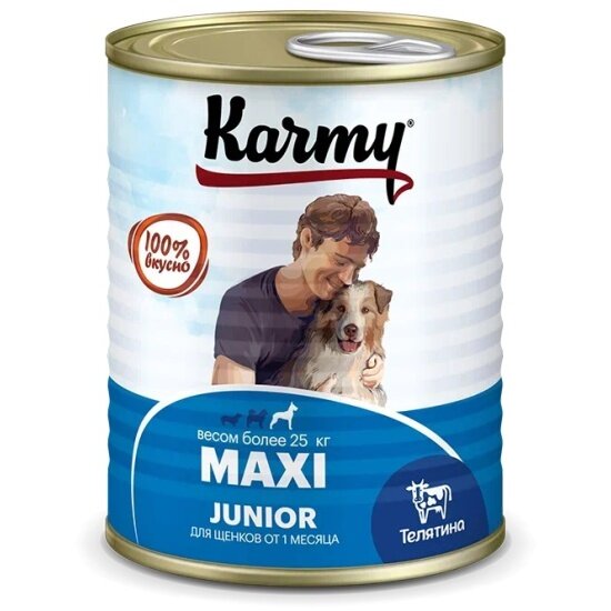 Корм влажный Karmy MAXI Junior полнорационный, для щенков крупных пород с телятиной, 12шт х340 г.
