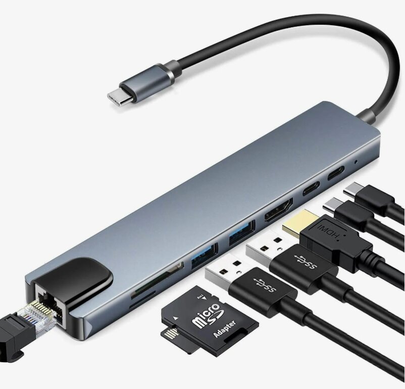 USB-концентратор HUB 8в1 Type C, серый, 8 разъемов HDMI LAN USB Card reader — фото 1