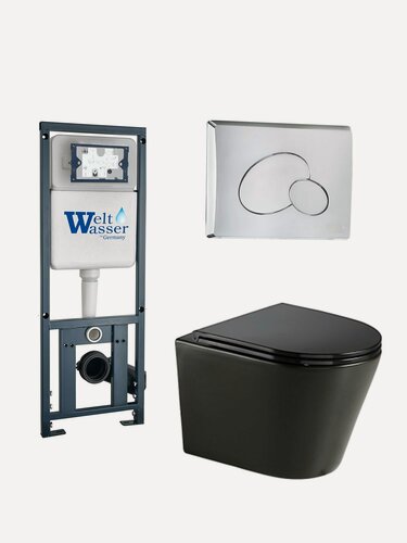 Изображение товара Комплект 6 в 1 WeltWasser: подвесной унитаз SALZBACH 043 GL-BL черный+кнопка смыва MAR 410 RD CR хром+инсталляция MARBERG 410