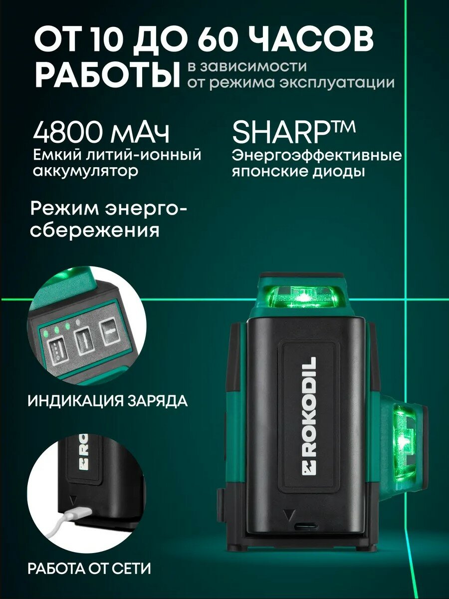 Лазерный уровень 3D Rokodil Ray Air Set Mini, самовыравнивающийся нивелир, 12 зеленых линий 360° — фото 1