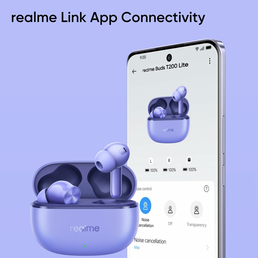 Наушники беспроводные с микрофоном realme Buds T200 Lite Aurora Purple, Bluetooth 5.4, USB Type-C, фиолетовый — фото 1