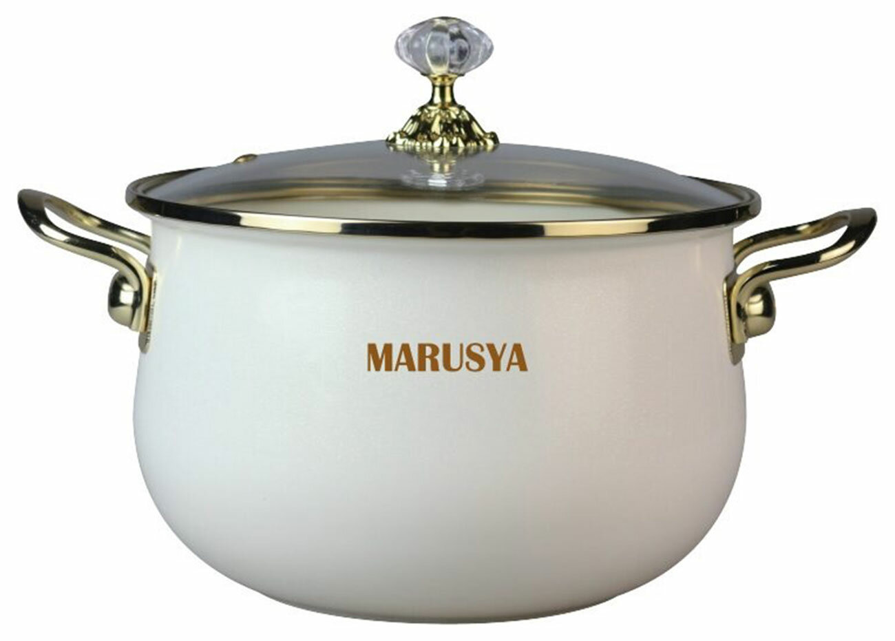 Кастрюля Marusya R-77718 2,2 л, эмалированная, стеклянная крышка, ручка золото, кремовый перламутр