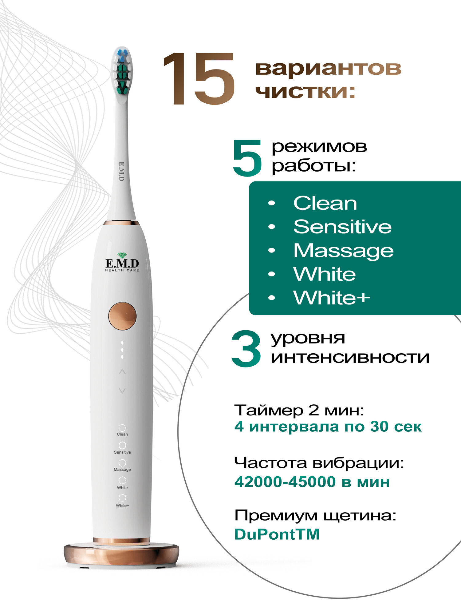 Зубные Щетки Электрические Электрическая зубная щетка E.M.D WAVES IQ, звуковая, 5 режимов, белая, дорожный футляр