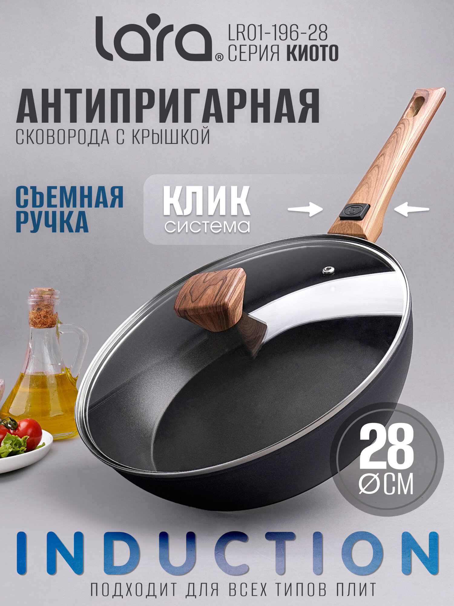 Сковорода для индукционной плиты LARA LR01-196-28 серия КИОТО съемная ручка Soft-touch, покрытие DAIKIN, c крышкой