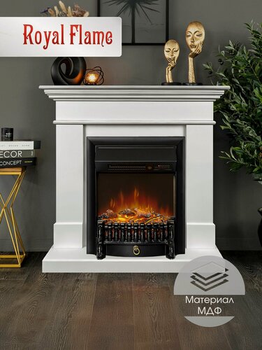 Изображение товара Камин электрический напольный Royal Flame модель California белый ceramic с очагом Fobos M Black RC, портал из МДФ, очаг с эффектом реального пламени, оборевом 1500 Вт, пультом ДУ