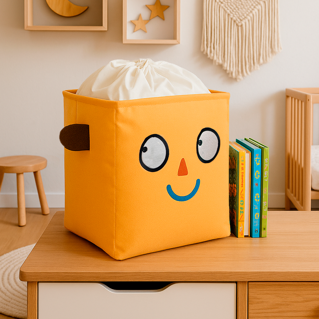 Корзина-органайзер для порядка и хранения вещей игрушек белья в детскую 40*35*46 см оранжевый цвет с рисунком в ванную