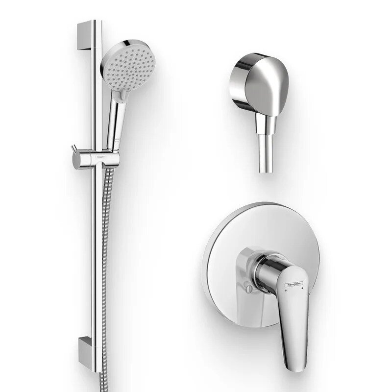 Душевой комплект Смеситель Hansgrohe Logis E 71608000 С внутренней частью + Гарнитур Vernis Blend 26275000 хром + Подключение FixFit Fixfit Е 27454000