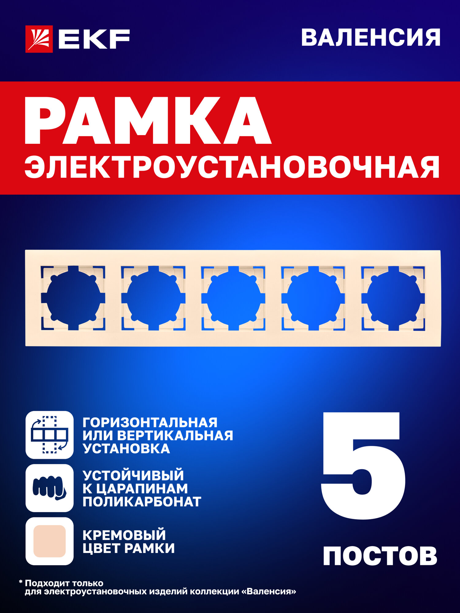 Рамка электроустановочная EKF PROxima для розеток выключателей пятиместная (5 постов) коллекции Валенсия