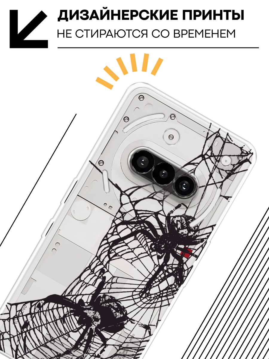 Чехол на Nothing Phone 3a / Нофинг Фон 3а с принтом Черные пауки, прозрачный — фото 1